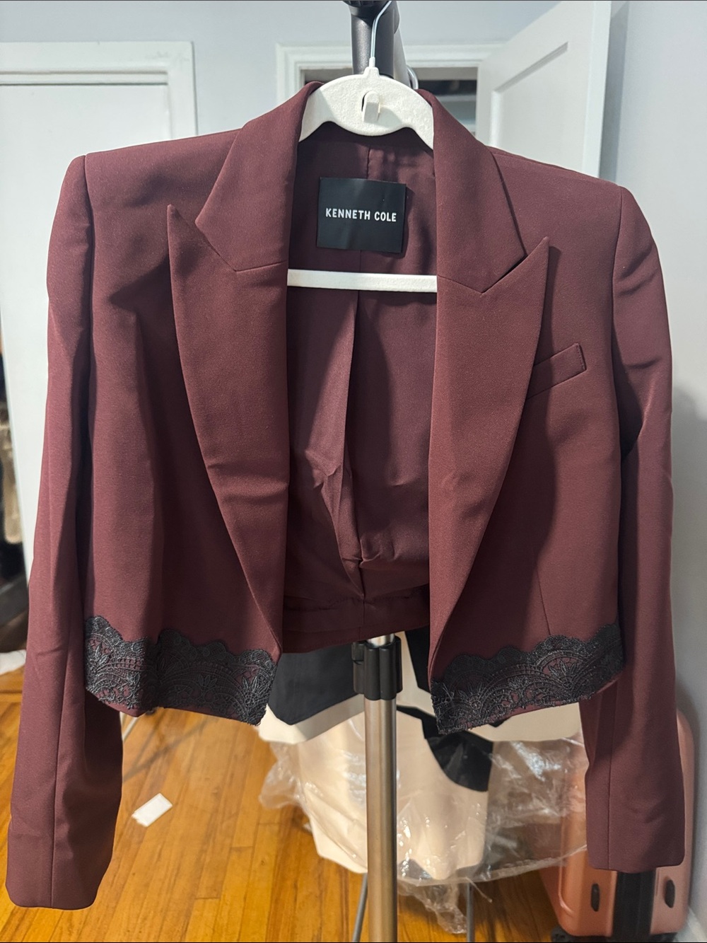 Kenneth Cole Plum Cropped Blazer with Black Lace Trim